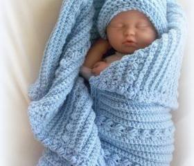 Snuggly Boy oversized baby blue receiving blanket and hat set
