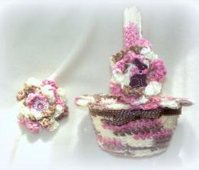 Chocolate Bunny Crochet Easter Basket and Hair Clip 