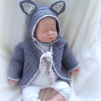 Little Gray Bunny Baby boy 0 to 6 months cardigan and hat set